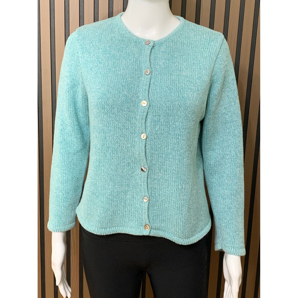 Vintage LL Bean Women's Cardigan Sweater Light Blue 100% Cotton Marled Knit M